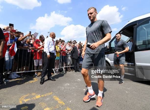Bernd Leno arrives to the stadium before the match between Borehamwood and Arsenal at Meadow Park on July 14, 2018 in Borehamwood, England.