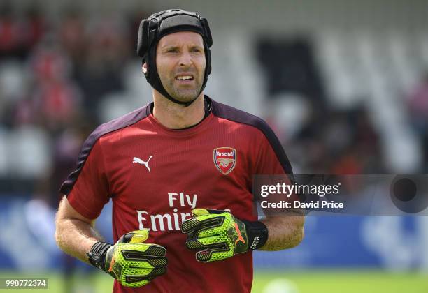 Petr Cech of Arsenal warms up before the match between Borehamwood and Arsenal at Meadow Park on July 14, 2018 in Borehamwood, England.