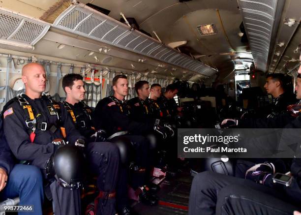 The U.S. Army Parachute Team The Golden Knights prepare for their demonstration jump at 10,500 feet at the 2018 Great New England Air and Space Show...