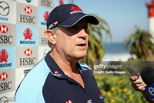 Chris Hickey chats to the media during the Waratahs media session at Beverly Hills Hotel on May 18, 2010 in Durban, South Africa.