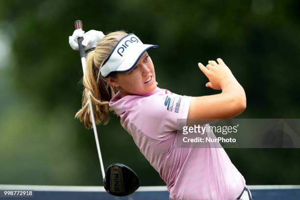 Brooke Henderson of Canada tees off on the third tee during the third round of the Marathon LPGA Classic golf tournament at Highland Meadows Golf...