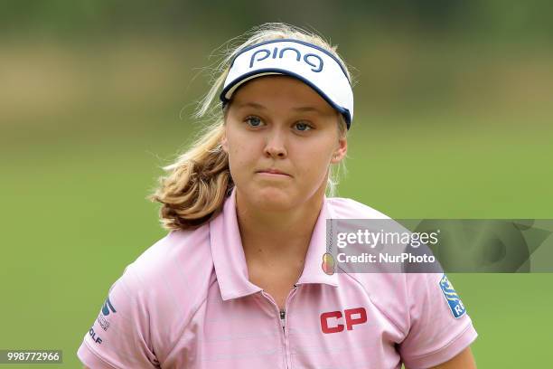 Brooke Henderson of Canada acknowledges the gallery after her birdie on the second green during the third round of the Marathon LPGA Classic golf...