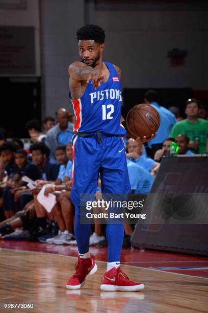 Larry Drew II of the Detroit Pistons handles the ball against the Memphis Grizzlies during the 2018 Las Vegas Summer League on July 7, 2018 at the...