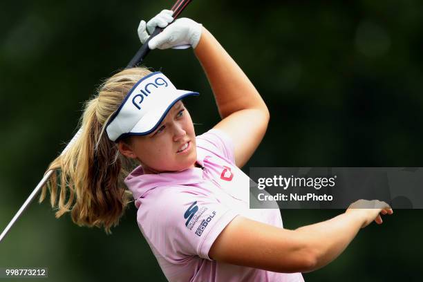 Brooke Henderson of Canada tees off on the third tee during the third round of the Marathon LPGA Classic golf tournament at Highland Meadows Golf...