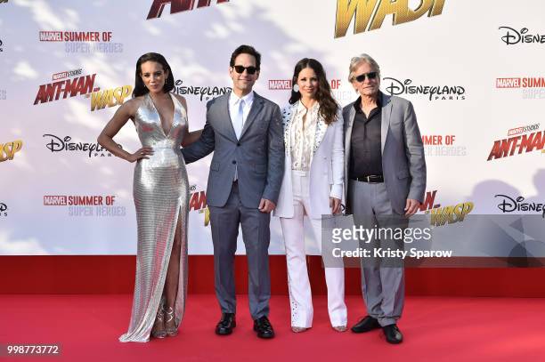 Actors Hannah John-Kamen, Paul Rudd, Evangeline Lilly, Michael Douglas attend the European Premiere of Marvel Studios "Ant-Man And The Wasp" at...