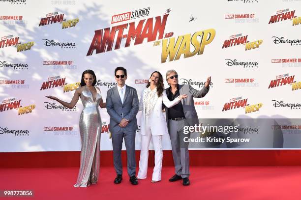 Actors Hannah John-Kamen, Paul Rudd, Evangeline Lilly, Michael Douglas attend the European Premiere of Marvel Studios "Ant-Man And The Wasp" at...