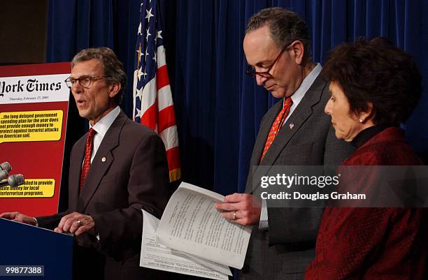 Democratic Leader Tom Daschle, D-SD., Charles Schumer, D-NY., and Barbara Boxer, D-CA., during a press conference on Homeland Security Department's...