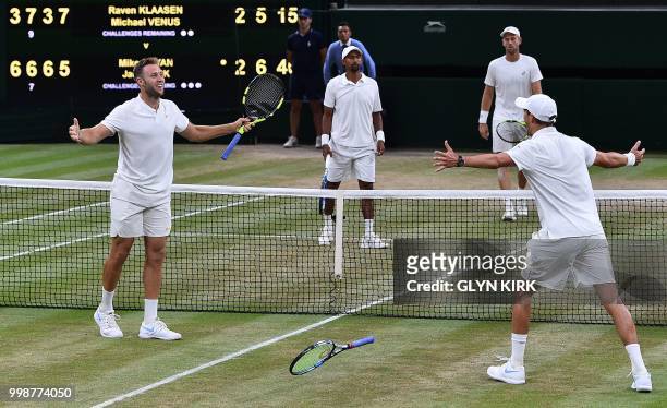 Player Mike Bryan and US player Jack Sock celebrate after beating South Africa's Raven Klaasen and New Zealand's Michael Venus 6-3, 7-6, 6-3, 5-7,...