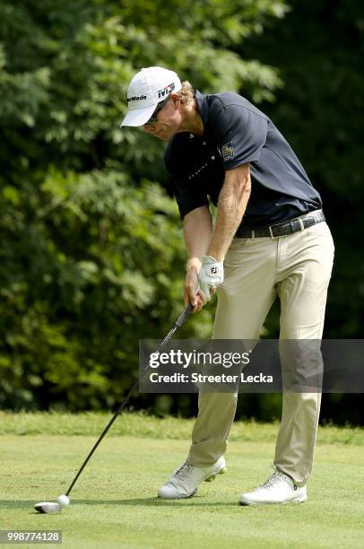 David Hearn hits a tee shot on the sixth tee during the third round of the John Deere Classic at TPC Deere Run on July 14, 2018 in Silvis, Illinois.