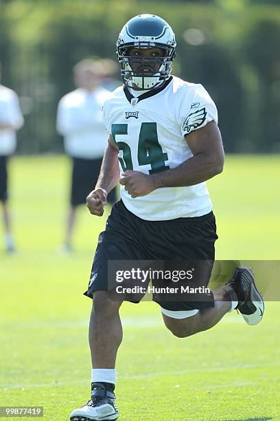 Defensive end Brandon Graham of the Philadelphia Eagles participates in drills during mini-camp practice on April 30, 2010 at the NovaCare Complex in...