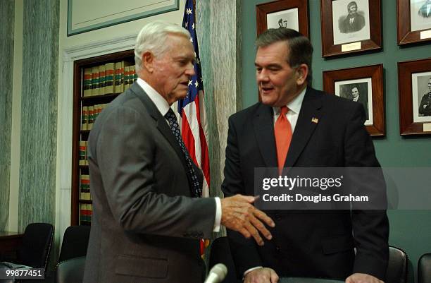 Ernest F. Hollings, D-S.C., and Secretary of Homeland Security, Tom Ridge, talk before the start of the Senate Commerce, Science and Transportation...