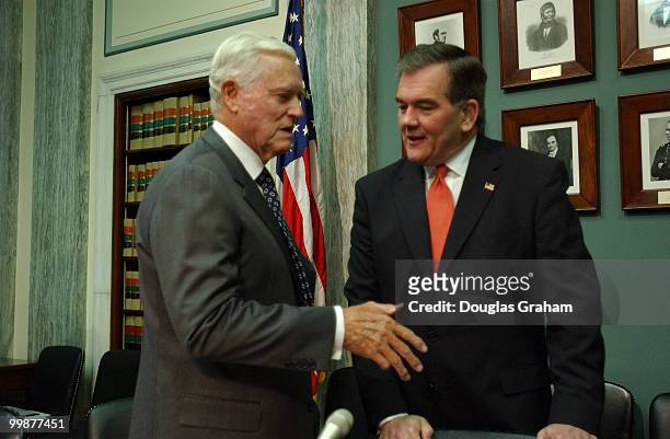 Ernest F. Hollings, D-S.C., and Secretary of Homeland Security, Tom Ridge, talk before the start of the Senate Commerce, Science and Transportation...
