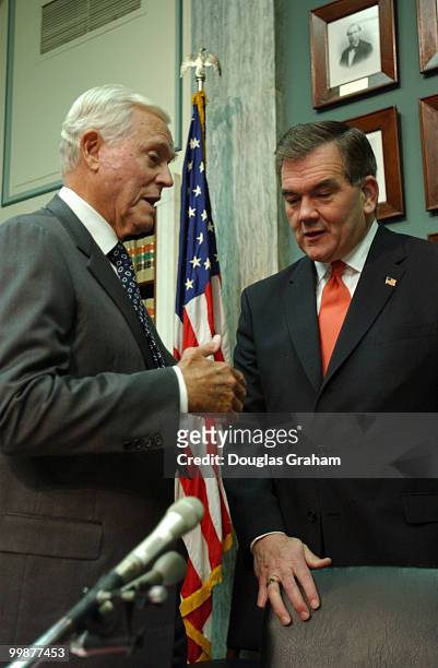 Ernest F. Hollings, D-S.C., and Secretary of Homeland Security, Tom Ridge, talk before the start of the Senate Commerce, Science and Transportation...