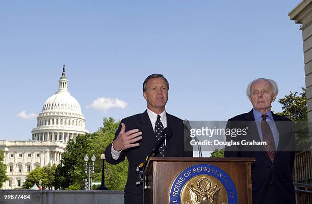 Rep. Christopher Cox, R-Calif., chairman, Select Committee on Homeland Security and Rep. Tom Lantos, D-Calif. During a news conference on a...