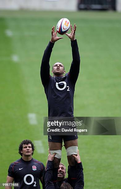 Courtney Lawes catches the ball during an England training session held at Twickenham on May 18, 2010 in Twickenham, England.