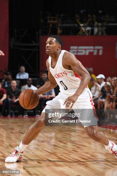 De'Anthony Melton of the Houston Rockets handles the ball against the Cleveland Cavaliers during the 2018 Las Vegas Summer League on July 14, 2018 at...