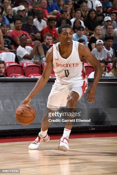 De'Anthony Melton of the Houston Rockets handles the ball against the Cleveland Cavaliers during the 2018 Las Vegas Summer League on July 14, 2018 at...