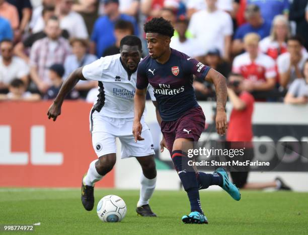 Reiss Nelson of Arsenal during the pre-season friendly between Boreham Wood and Arsenal at Meadow Park on July 14, 2018 in Borehamwood, England.