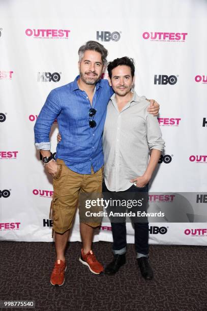 Actor Moises Arizmendi and director Alejandro Andrade arrive at the 2018 Outfest Los Angeles premiere of "Cuernavaca" at the DGA Theater on July 14,...