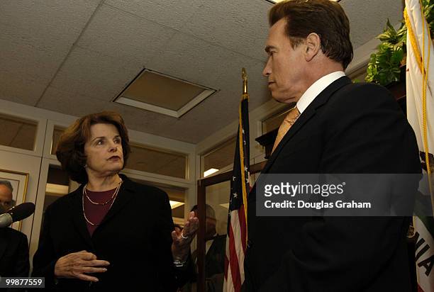 Gov. Arnold Schwarzenegger, R-Calif., meets the press with Dianne Feinstein, D-CA., after a closed meeting in her office in the Hart Senate Office...