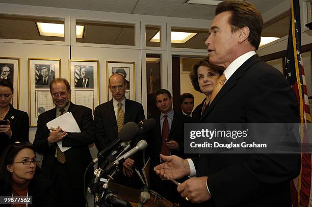 Gov. Arnold Schwarzenegger, R-Calif., meets the press with Dianne Feinstein, D-CA., after a closed meeting in her office in the Hart Senate Office...