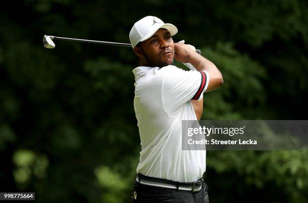 Harold Varner III hits a tee shot on the sixth hole during the third round of the John Deere Classic at TPC Deere Run on July 14, 2018 in Silvis,...