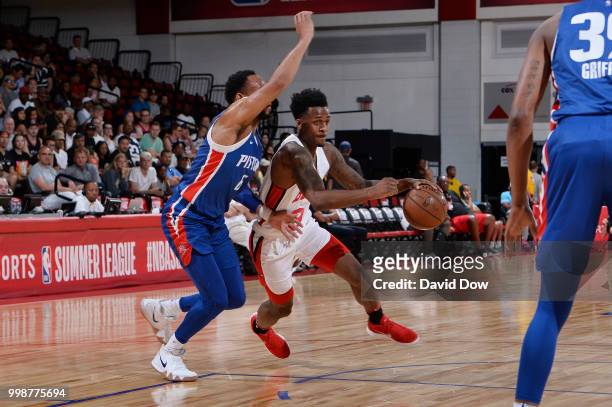 Antonio Blakeney of the Chicago Bulls handles the ball against the Detroit Pistons during the 2018 Las Vegas Summer League on July 14, 2018 at the...