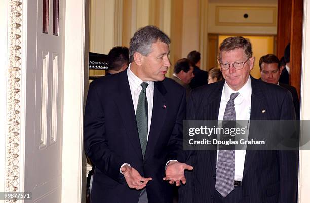 Chuck Hagel, R-NE., and Conrad Burns, R-RT., talk after the weekly Senate luncheon.