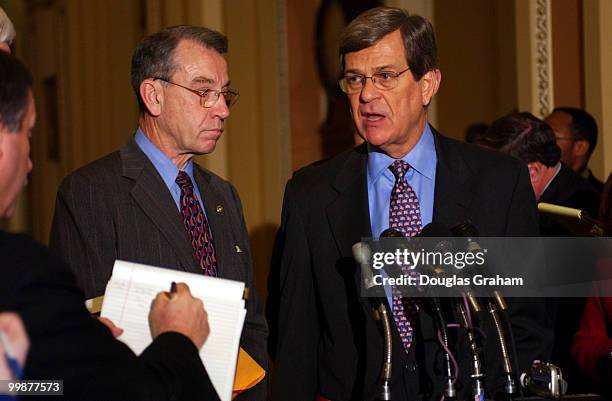 Charles E. Grassley, R-IA., and Trent Lott, R-Miss., talk with the press after the weekly Senate luncheon.