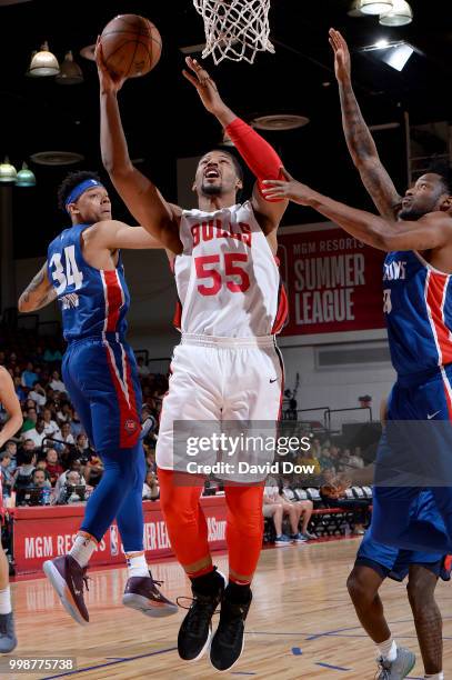 Jarnell Stokes of the Chicago Bulls goes to the basket against the Detroit Pistons during the 2018 Las Vegas Summer League on July 14, 2018 at the...