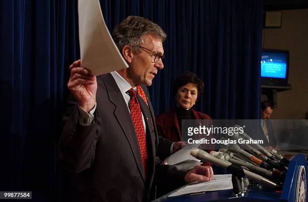 Democratic Leader Tom Daschle, D-SD., and Barbara Boxer, D-CA., during a press conference on Homeland Security Department's report card.