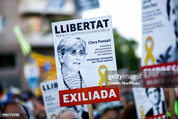 Banner of the exiled political in Scotland Clara Ponsati during the demonstration of Independence political parties and independence assosiations...