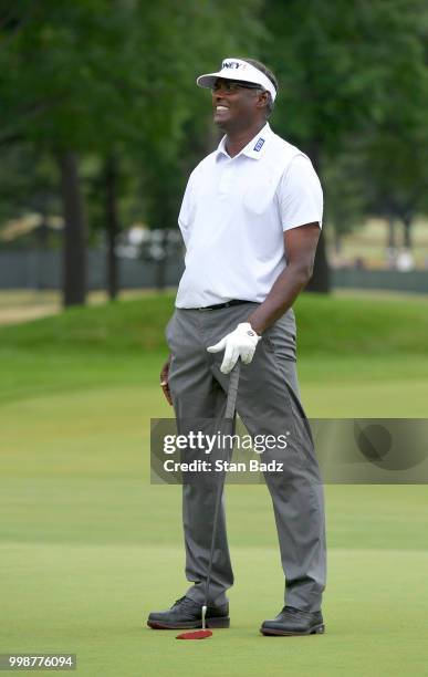 Vijay Singh reacts with a smile after hitting a putt on the seventh hole during the third round of the PGA TOUR Champions Constellation SENIOR...