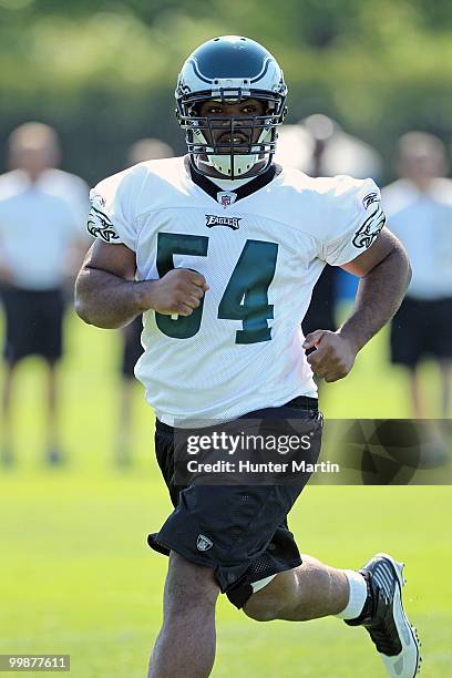 Defensive end Brandon Graham of the Philadelphia Eagles participates in drills during mini-camp practice on April 30, 2010 at the NovaCare Complex in...