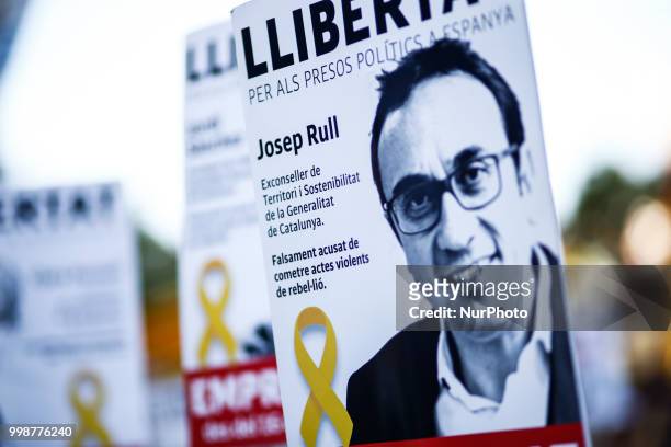 Banner of the jailed political Josep Rull during the demonstration of Independence political parties and independence assosiations against the...