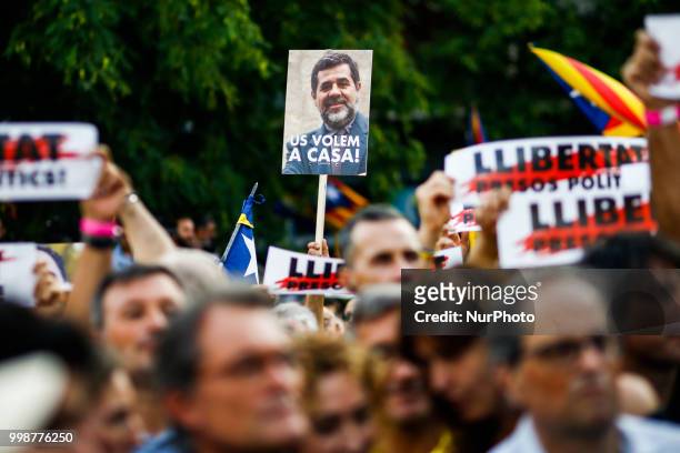 Banner claiming the freedom for acitivist jailed Jordi Sanchez during the demonstration of Independence political parties and independence...