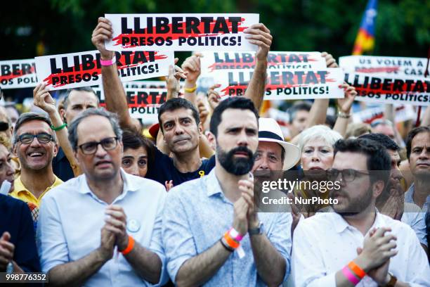 The president of Catalonia Quim Torra with ex President Artur Mas and the President of the Catalan Parliament Roger Torrent during the demonstration...