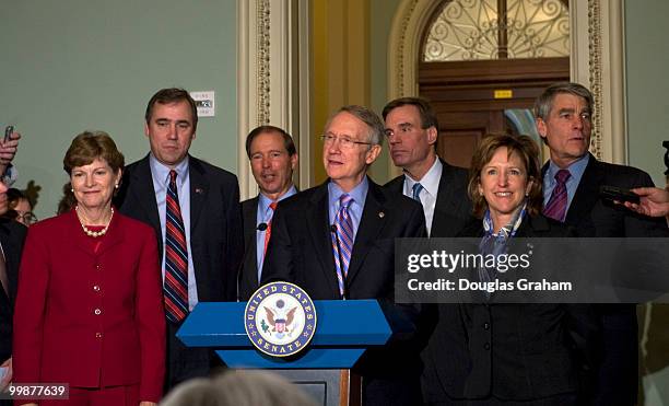 Senate Majority Leader Harry Reid, D-NV, addresses the media after the first meeting with Democratic Senators-elect on Capitol Hill in Washington on...