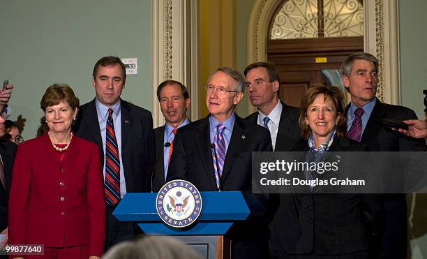 Senate Majority Leader Harry Reid, D-NV, addresses the media after the first meeting with Democratic Senators-elect on Capitol Hill in Washington on...