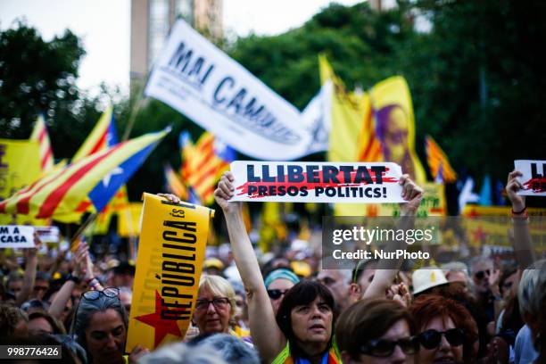 People claiming freedom for catalan political prisoners during the demonstration of Independence political parties and independence assosiations...