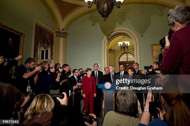 Senate Majority Leader Harry Reid, D-NV, addresses the media after the first meeting with Democratic Senators-elect on Capitol Hill in Washington on...