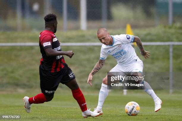 , Hamed Kone of Neuchatel Xamax FCS, Jose Angelino of PSV during the Friendly match between Neuchatel Xamax and PSV Eindhoven at Stade St-Marc on...