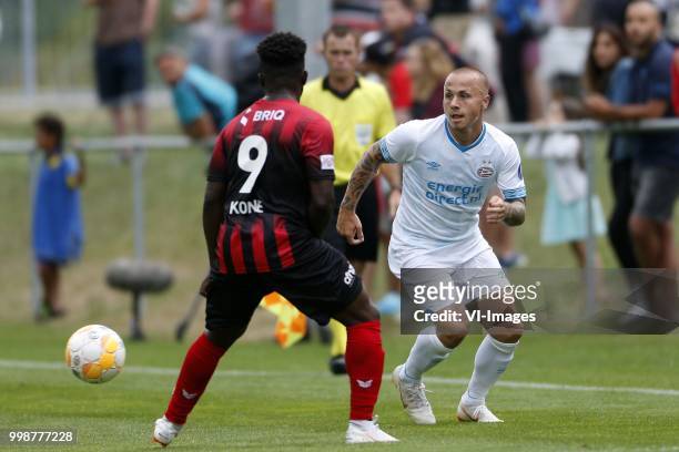 , Hamed Kone of Neuchatel Xamax FCS, Jose Angelino of PSV during the Friendly match between Neuchatel Xamax and PSV Eindhoven at Stade St-Marc on...