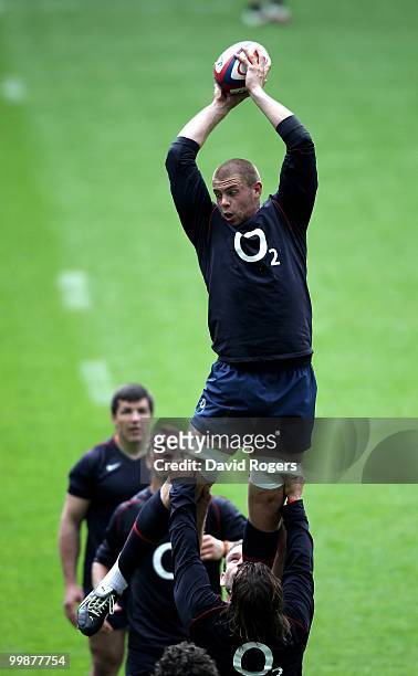 Dave Attwood catches the ball during an England training session held at Twickenham on May 18, 2010 in Twickenham, England.