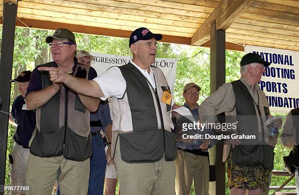Randy "Duke" Cunningham ,Robin Hayes and Mike Thompson during the 10th Annual Great Congressional Shoot-Out at Prince George's Shooting Center in...