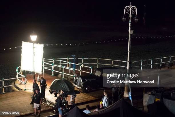 General view of the scene as Eddie Izzard films 'Six Minutes to Midnight' on Penarth seafront on July 14, 2018 in Penarth, Wales.