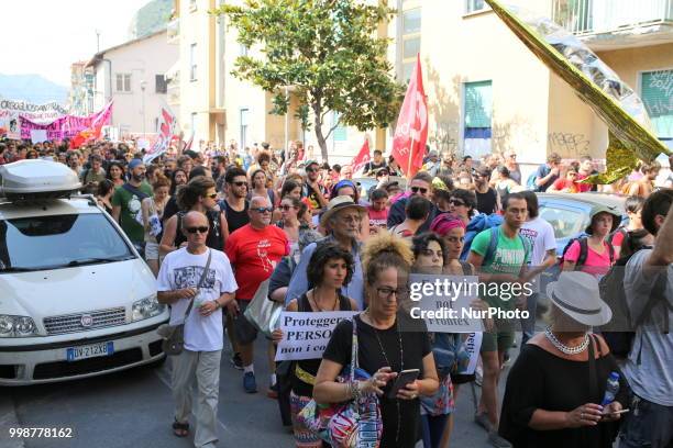 Thousands of people belonging to the &quot;No Borders movement&quot; took to the streets of the border town Ventimiglia, Italy, protesting against...