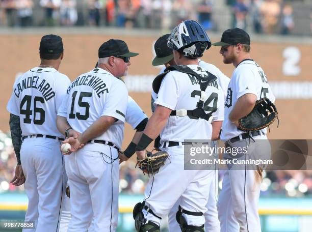 Manager Ron Gardenhire of the Detroit Tigers talks to his players on the pitchers mound during the game against the Chicago White Sox at Comerica...