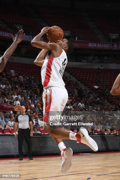 De'Anthony Melton of the Houston Rockets goes to the basket against the Cleveland Cavaliers during the 2018 Las Vegas Summer League on July 14, 2018...