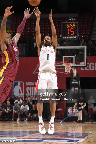 De'Anthony Melton of the Houston Rockets shoots the ball against the Cleveland Cavaliers during the 2018 Las Vegas Summer League on July 14, 2018 at...
